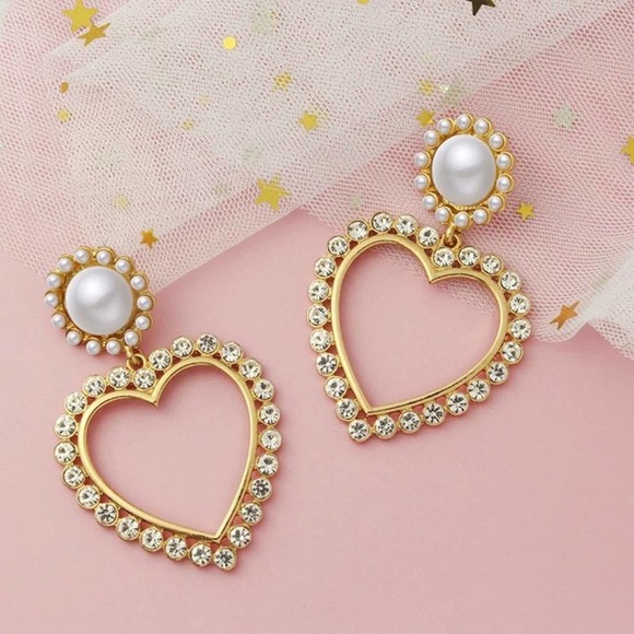 Heart Large Pearl Simulated Diamonds Drop Earrings 18k Gold Plated - Picture 2 of 6